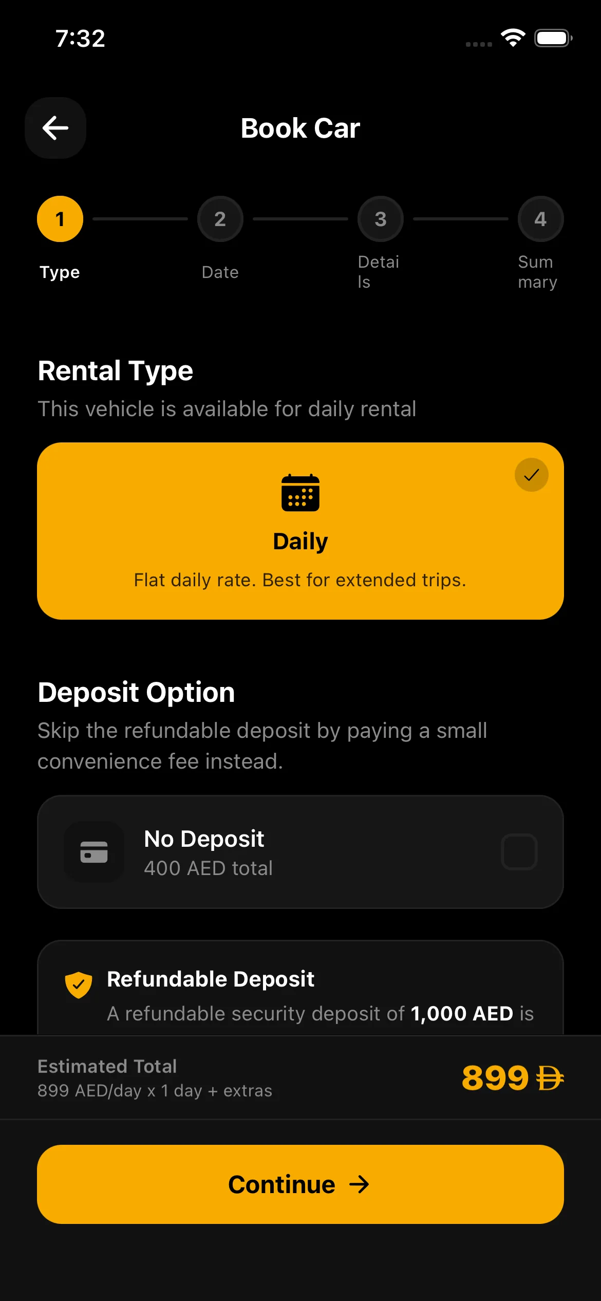 Superior car rental app booking flow — rental type, deposit options and the estimated daily total