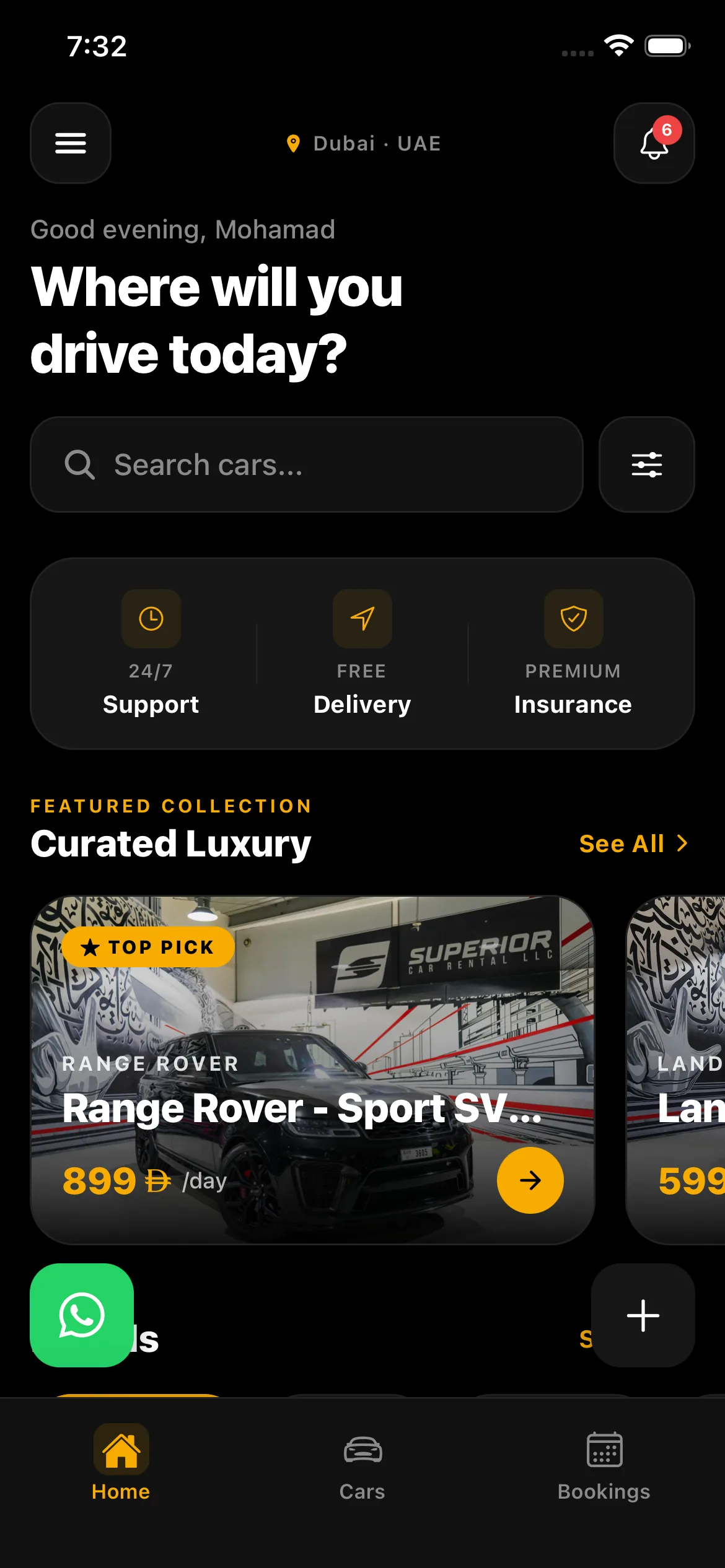 Superior car rental app home screen — Dubai location, car search and a curated luxury collection