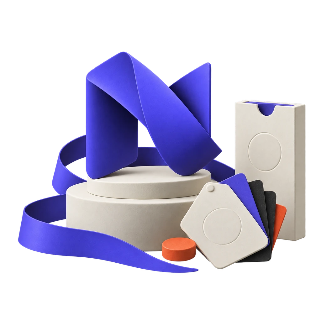 Sculptural illustration of a folded violet emblem, colour swatches and packaging forming a visual identity.