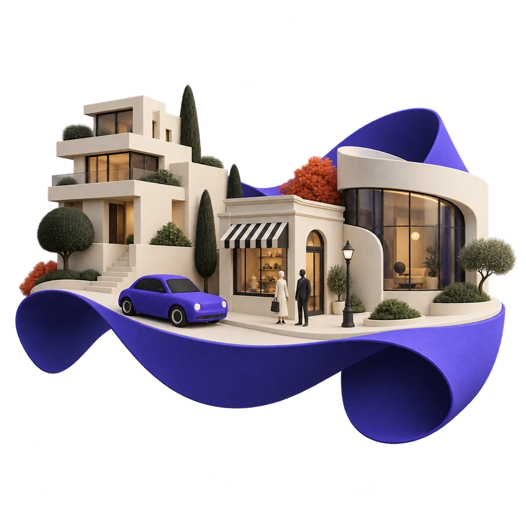 Illustration of property, retail and service businesses connected in a miniature architectural world.