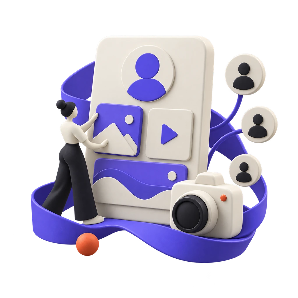 Sculptural illustration of a creator arranging content beside a profile plaque and camera.