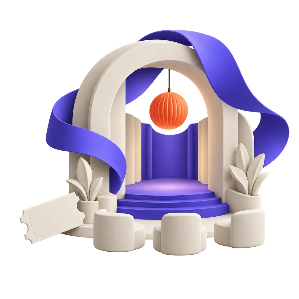 Sculptural illustration of an event venue with an arch, stage, seating and reservation ticket.