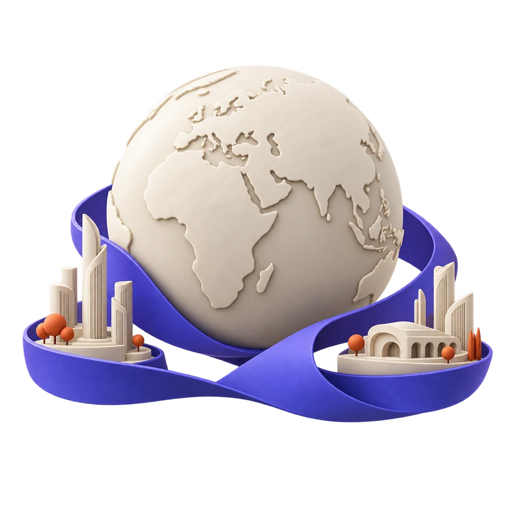 Illustration of an ivory globe and modern buildings connected by a violet ribbon, representing work across locations.