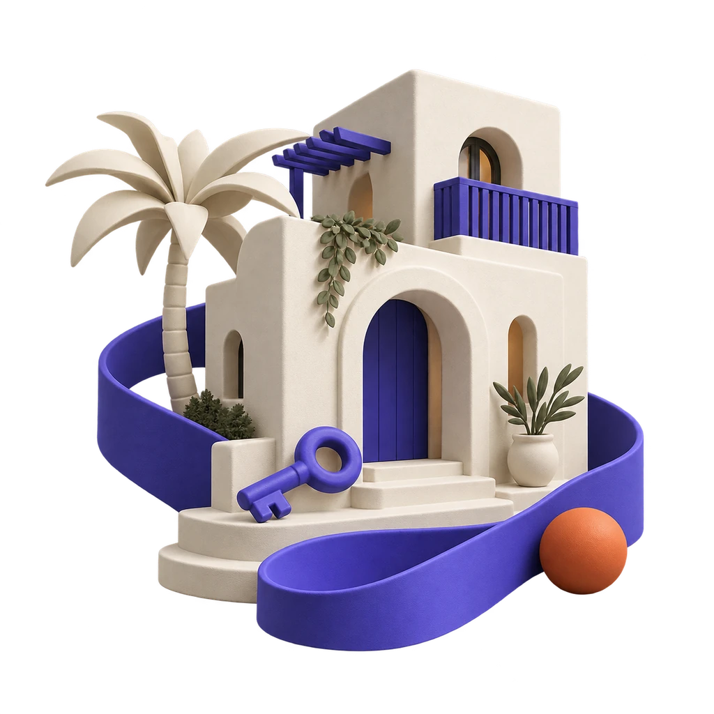 Sculptural illustration of a contemporary holiday villa with a key and a curved violet pathway.