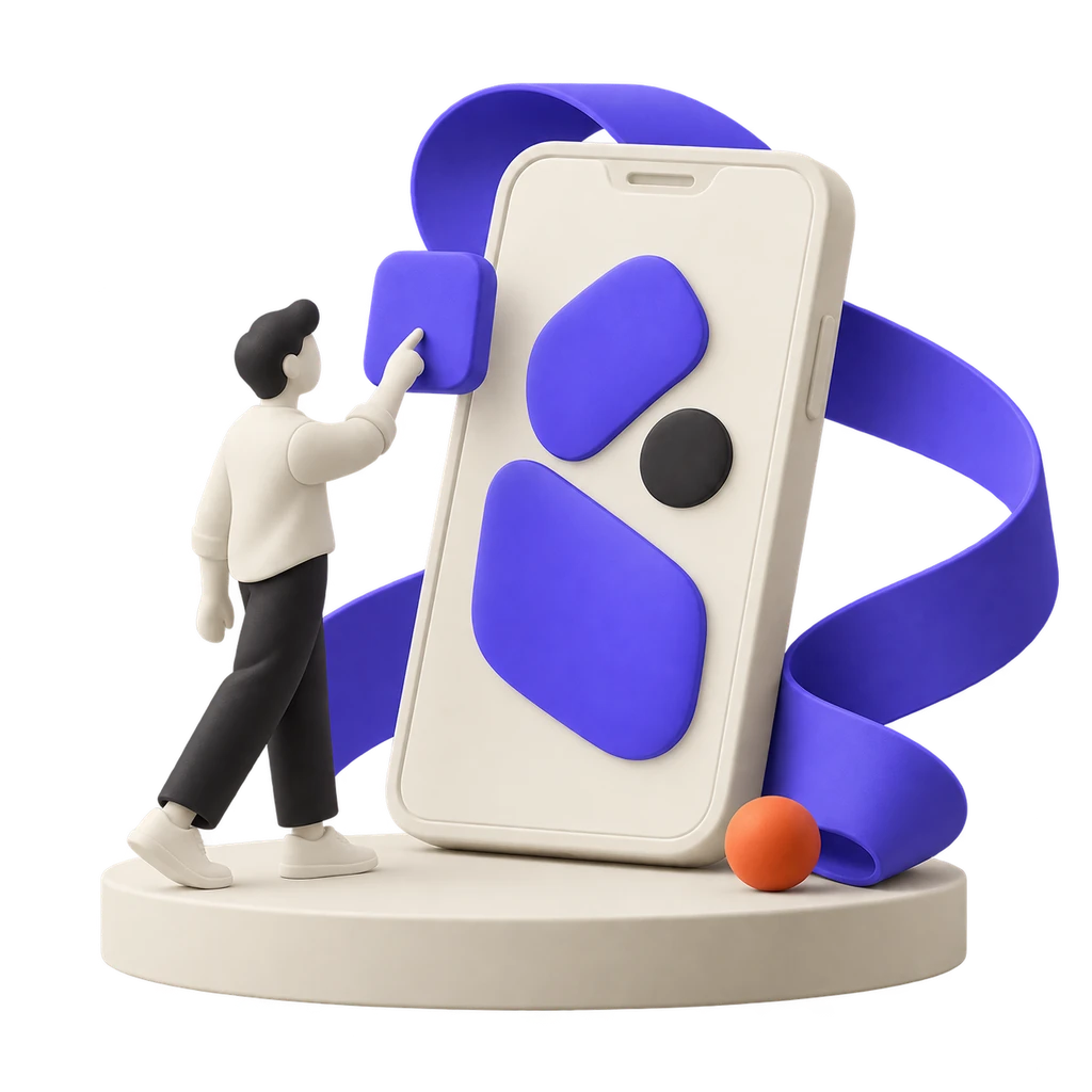Sculptural illustration of an ivory smartphone and a maker arranging an abstract touch interface.