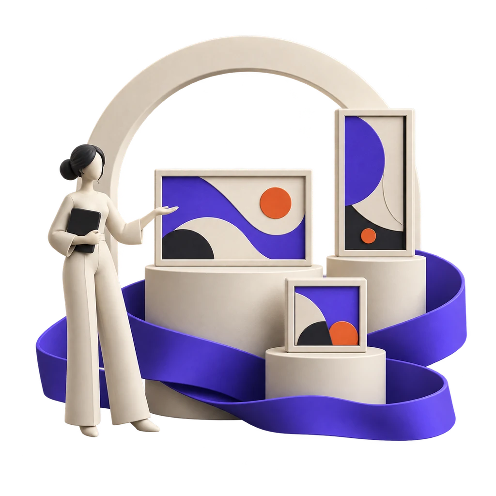 Illustration of a curator presenting three abstract digital artworks on ivory plinths, connected by a violet ribbon.