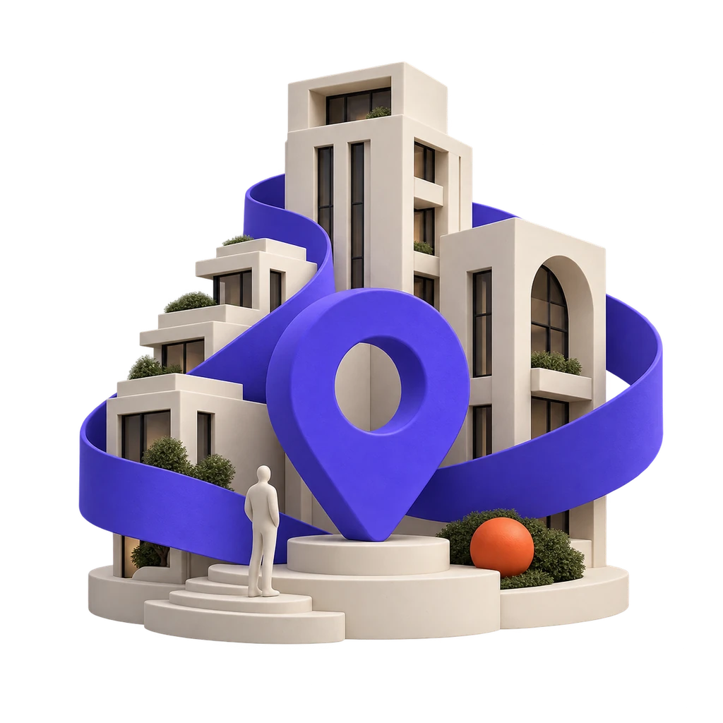 Sculptural illustration of contemporary property buildings and a violet location marker.