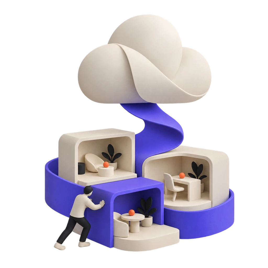 Sculptural illustration of a cloud above modular workspaces and a product maker.