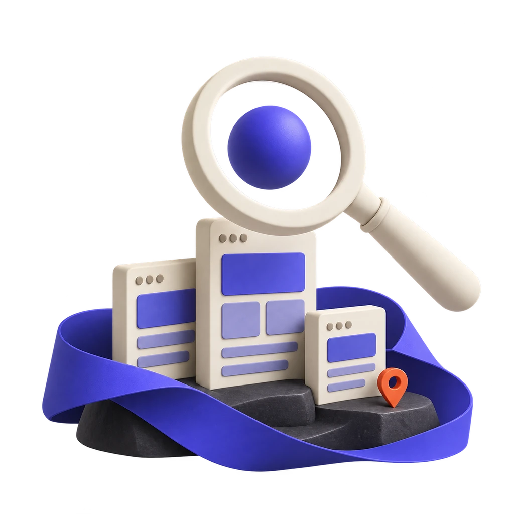 Sculptural illustration of a magnifying glass discovering a violet sphere among organised architectural pages.
