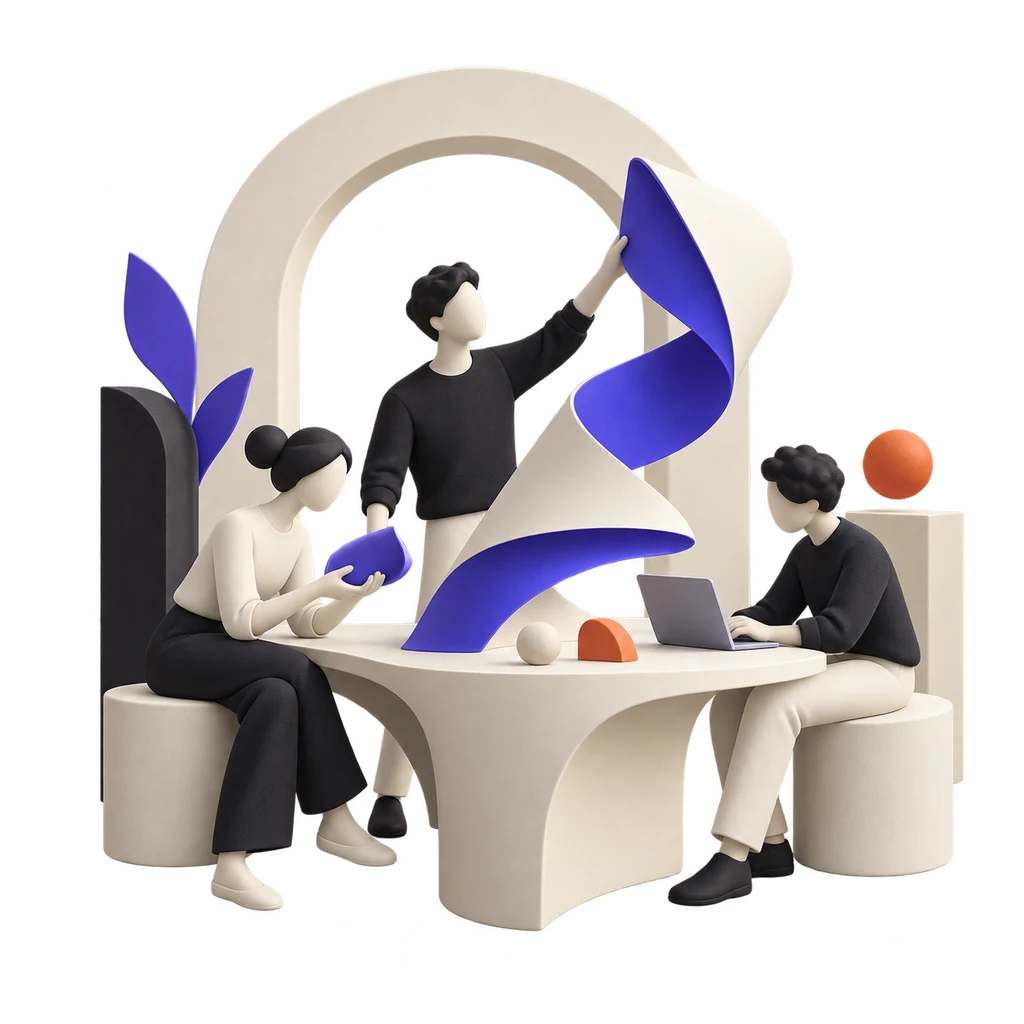 Illustration of a design and engineering team shaping a folded sculpture together in a creative studio.