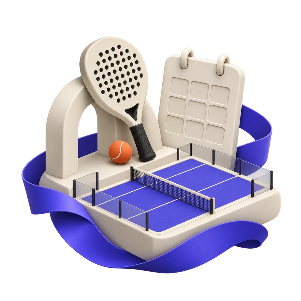 Sculptural illustration of a court, racket, ball and booking calendar for sports reservations.