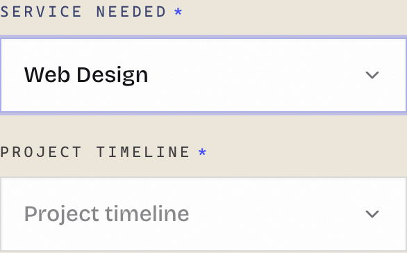 English form fields with keyboard focus on the preselected Web Design service and an unanswered timeline