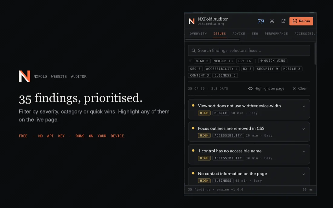 A findings list, each entry expanded to show its explanation and recommended fix